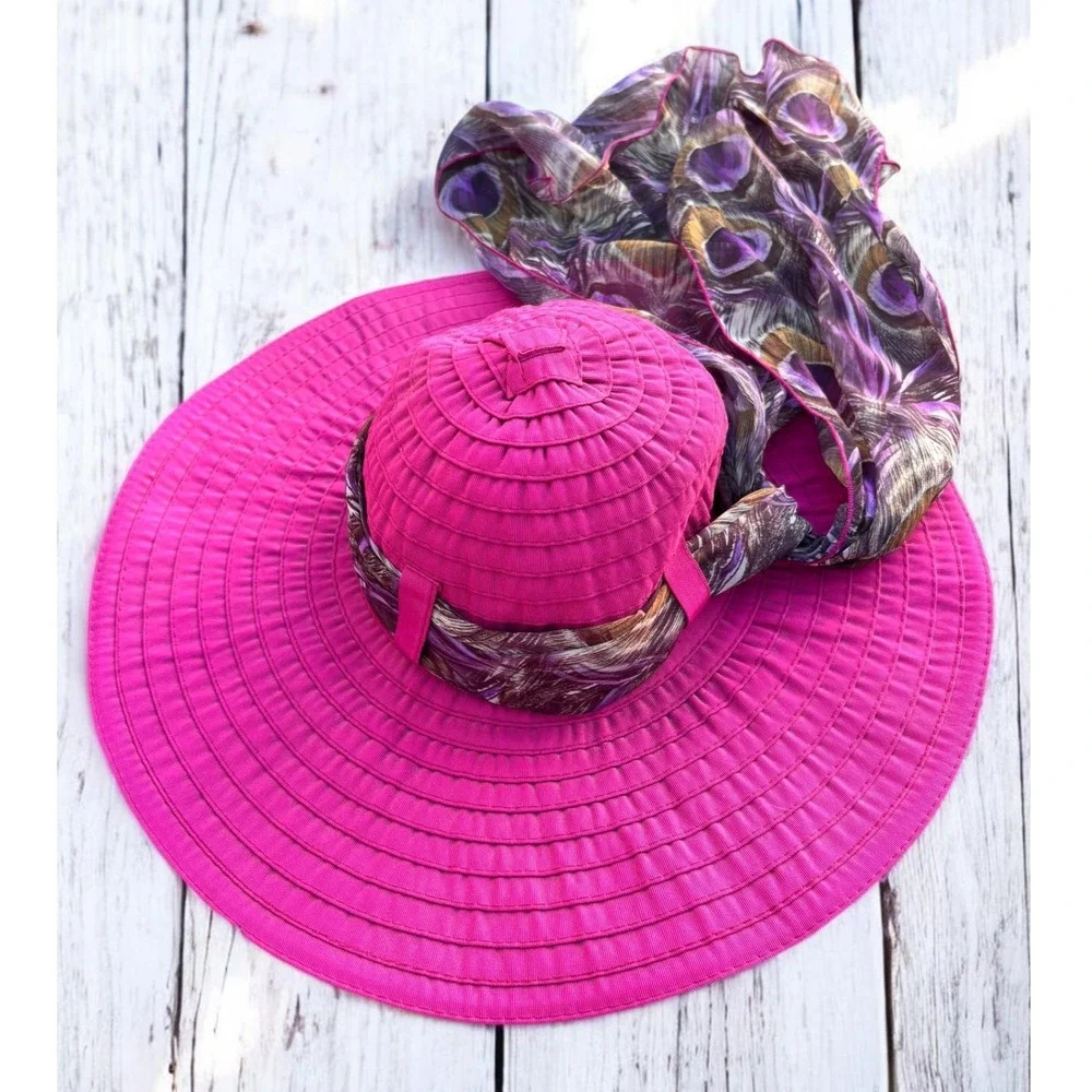 Wide Brim Grosgrain‎ Sun Hat Scala Fuchsia Pink Peacock Scarf